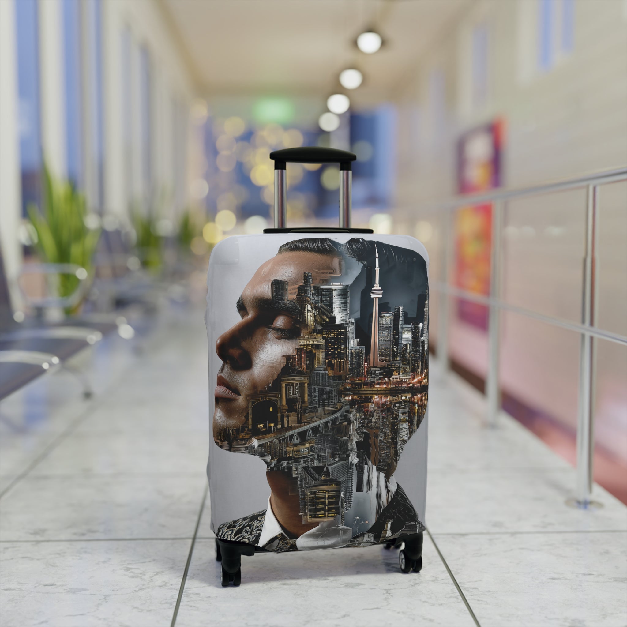 Cityscape Double Exposure Luggage Cover — Artistic Urban Portrait Travel Protector