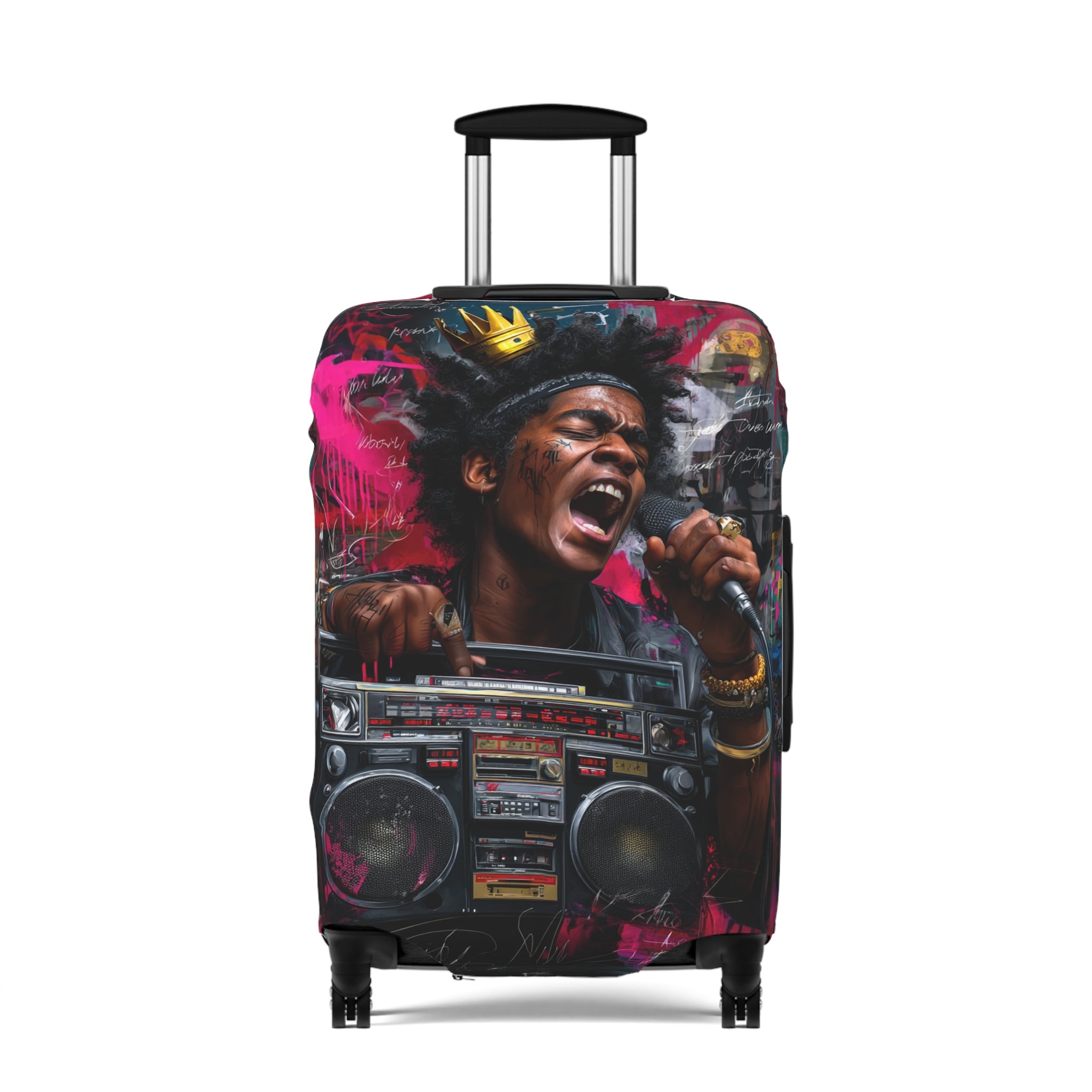 Vibrant Retro Hip-Hop Luggage Cover — Singer with Boombox Design