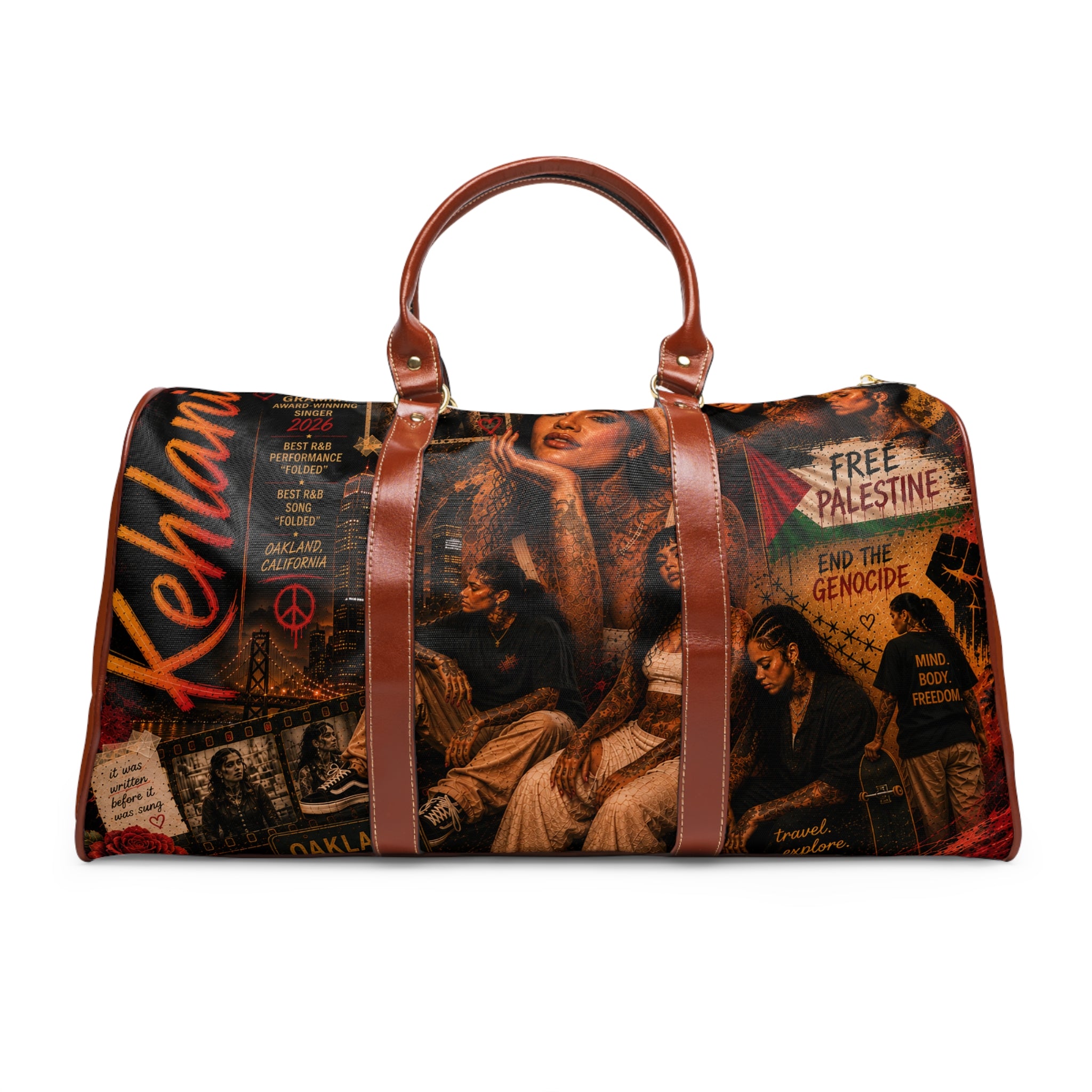 Kehlani Waterproof Travel Bag – Political Collage 'Free Palestine' Duffle