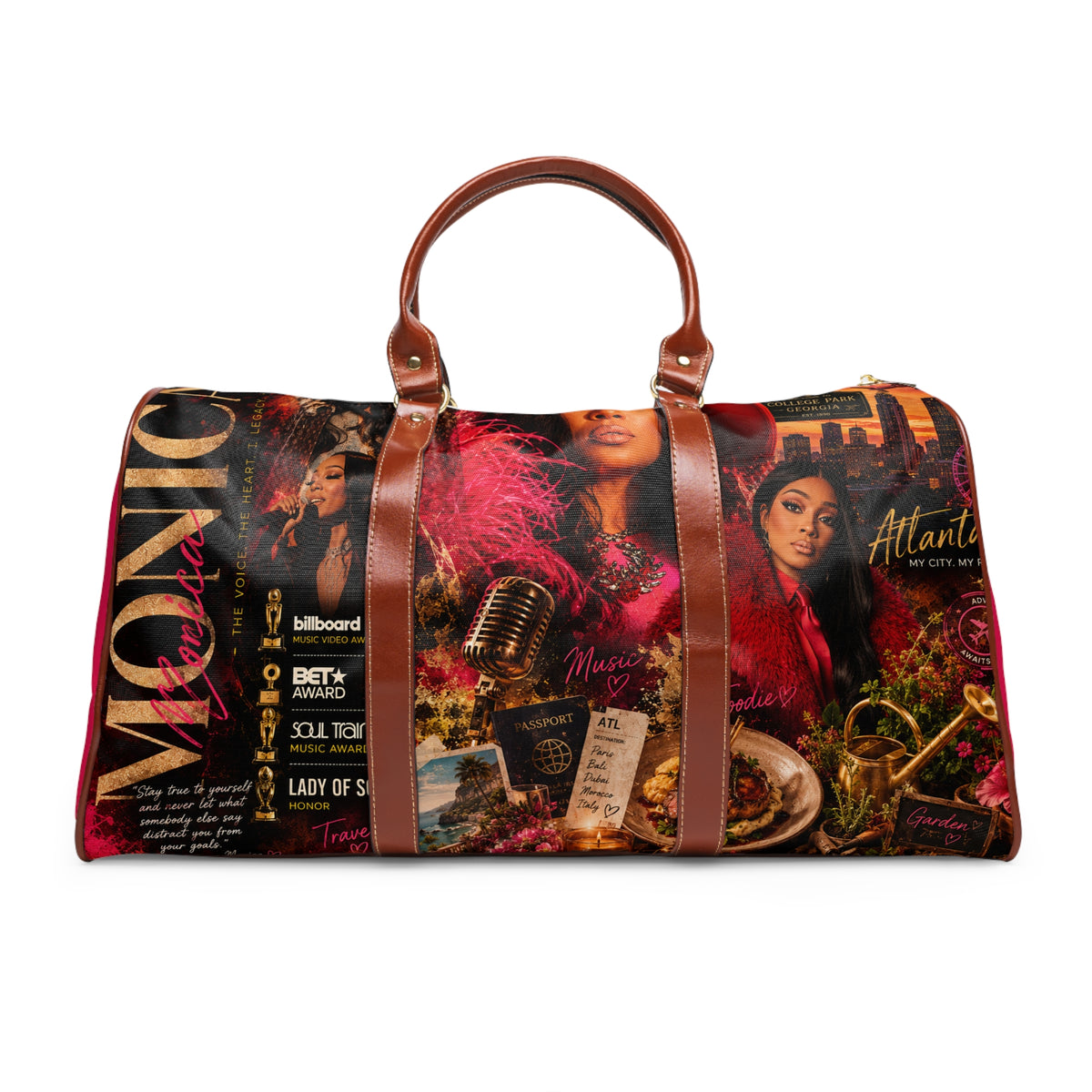 R&B Singer Monica Waterproof Travel Bag – Vintage Glam Collage Duffle (Atlanta & Music Theme)