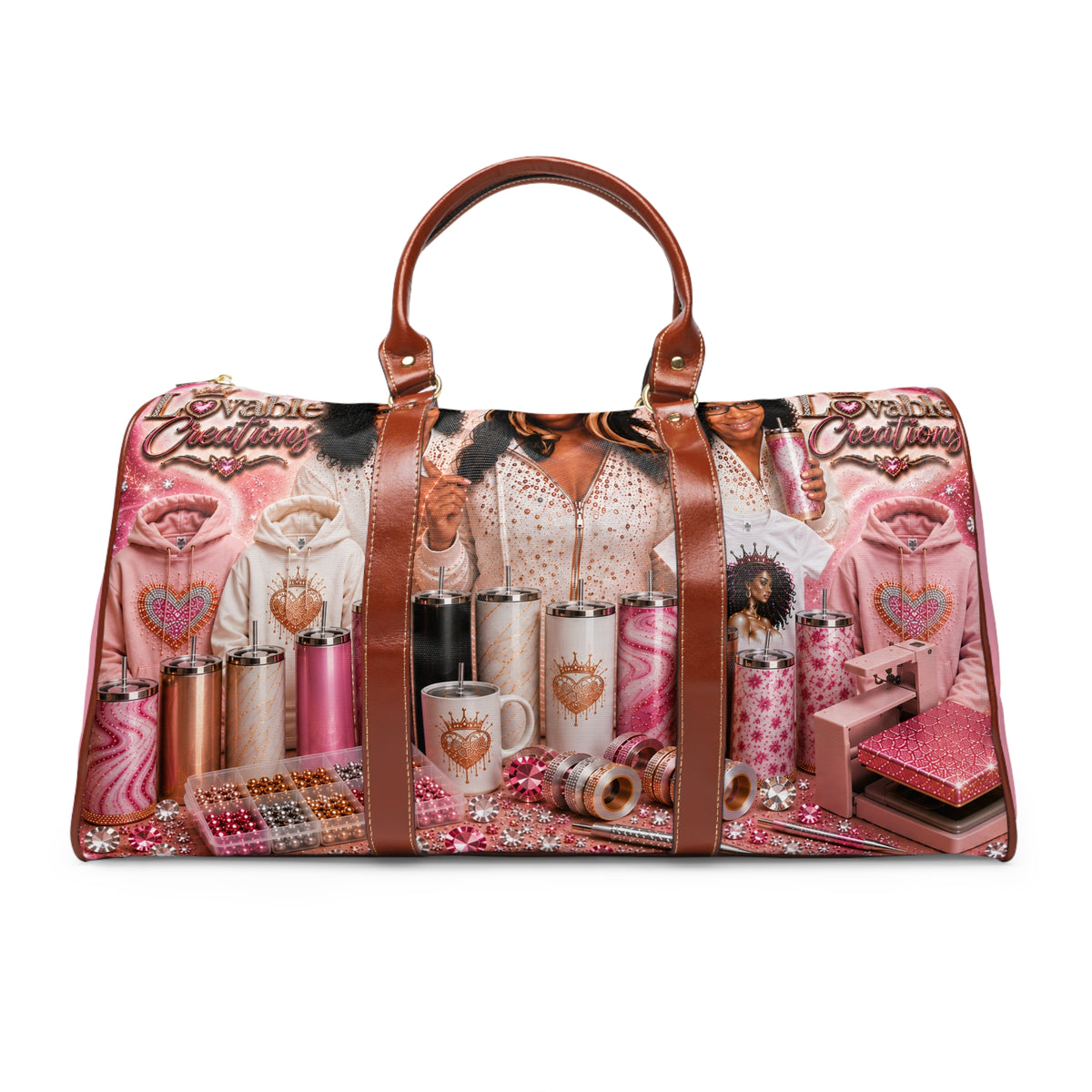 LOVEABLE CREATIONS Pink Glam Cosmetic Travel Bag – Waterproof Duffle for Makeup & Toiletries