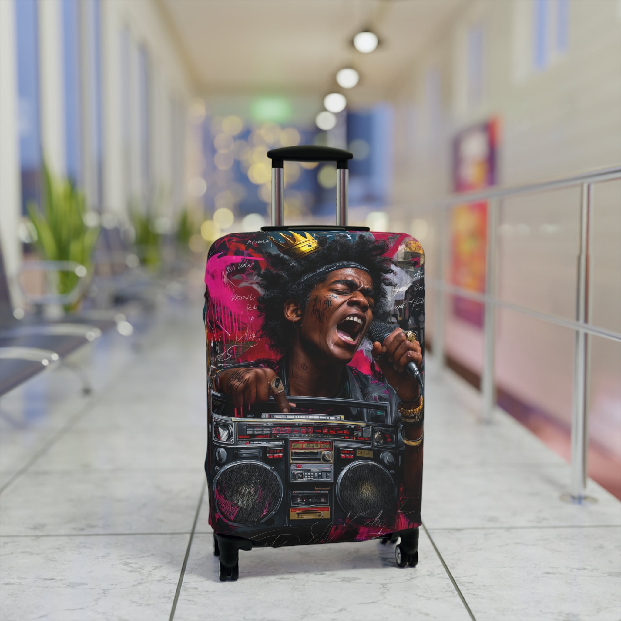 Vibrant Retro Hip-Hop Luggage Cover — Singer with Boombox Design