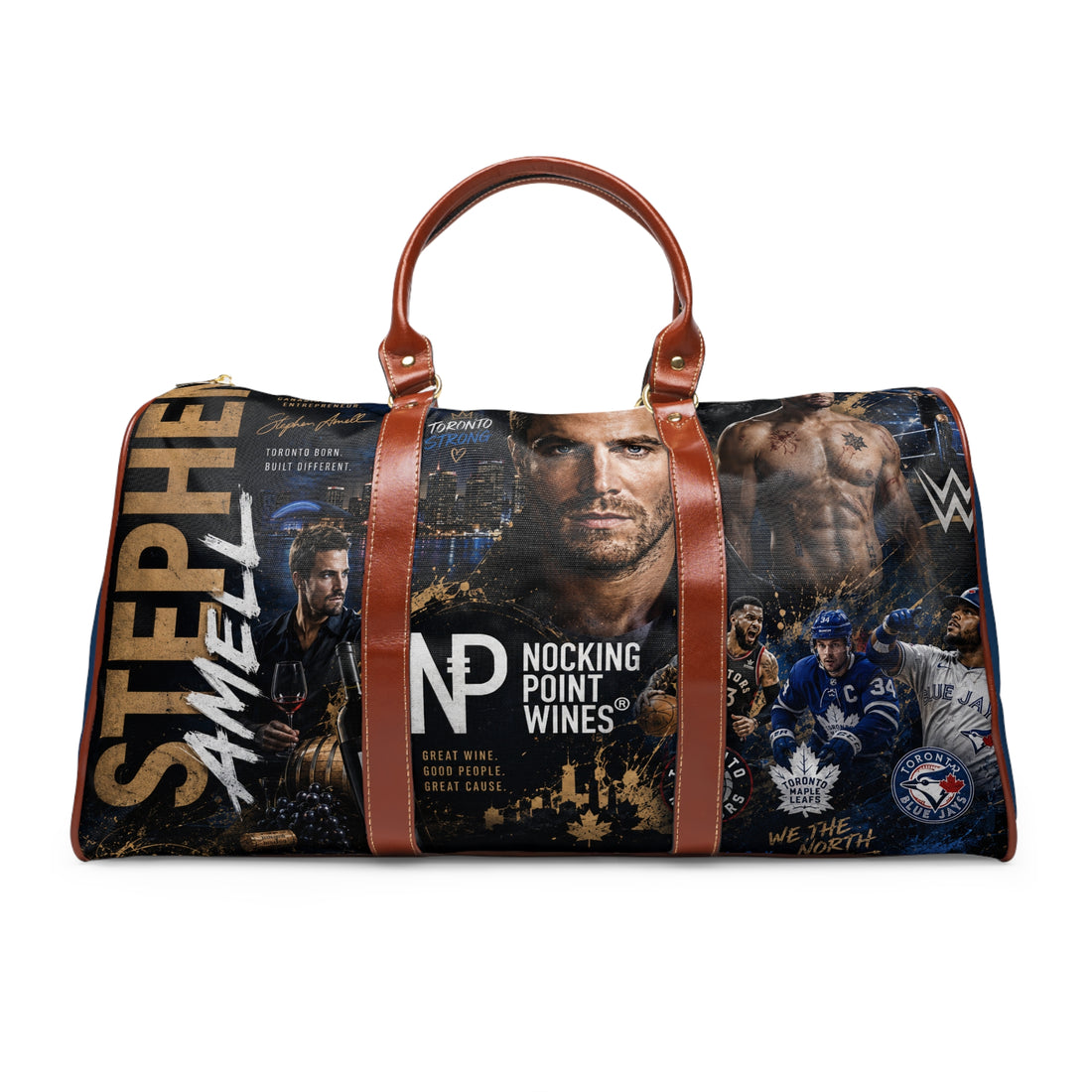 Stephen Amell Collage Waterproof Travel Bag — Nocking Point Wines Duffle for Fans