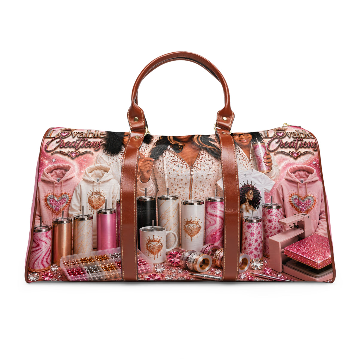 LOVEABLE CREATIONS Pink Glam Cosmetic Travel Bag – Waterproof Duffle for Makeup & Toiletries
