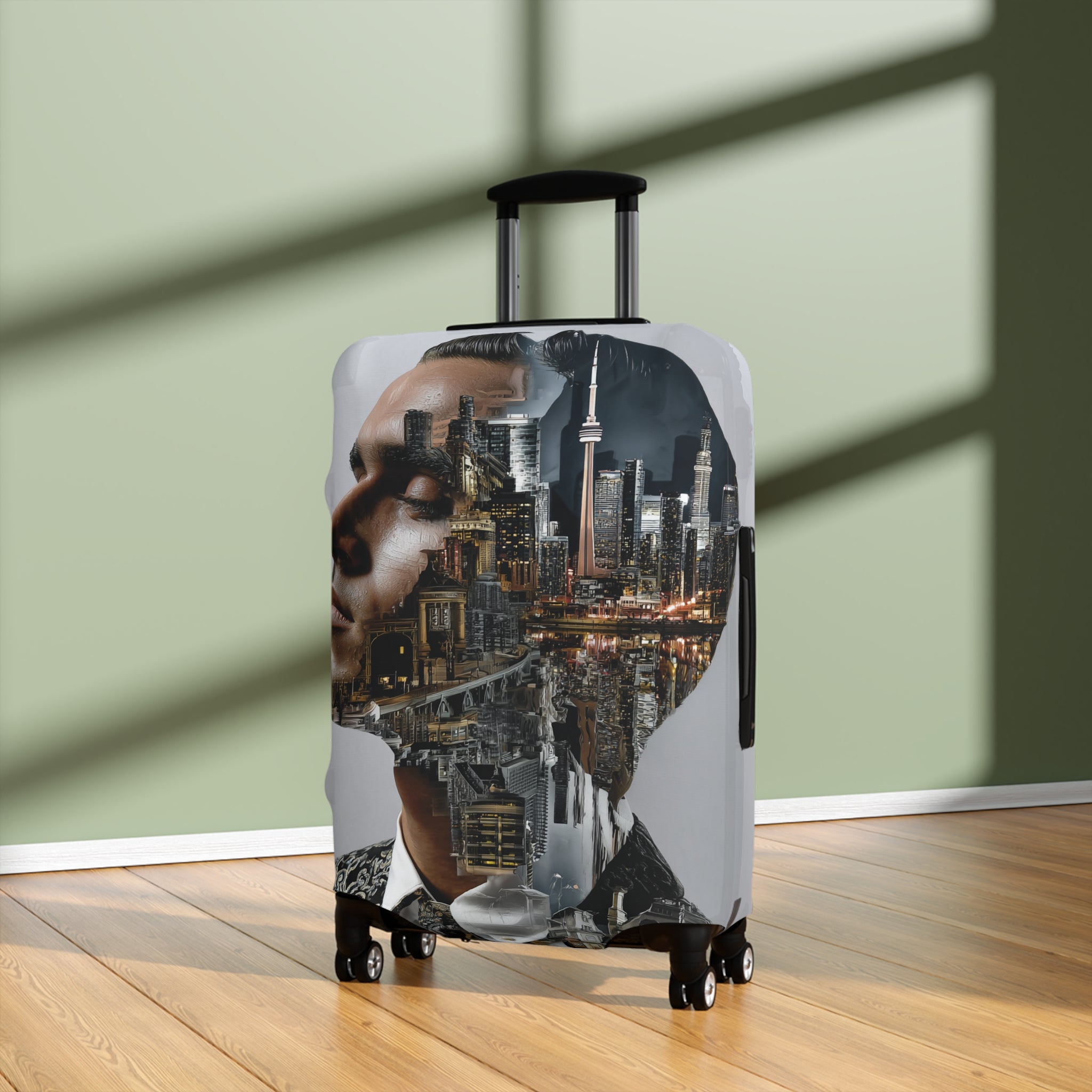 Cityscape Double Exposure Luggage Cover — Artistic Urban Portrait Travel Protector