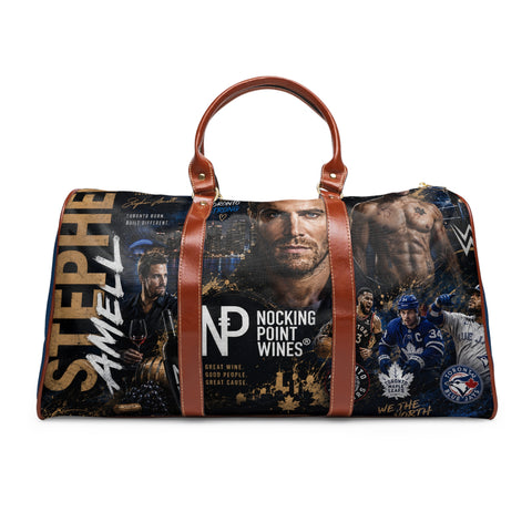 Stephen Amell Collage Waterproof Travel Bag — Nocking Point Wines Duffle for Fans