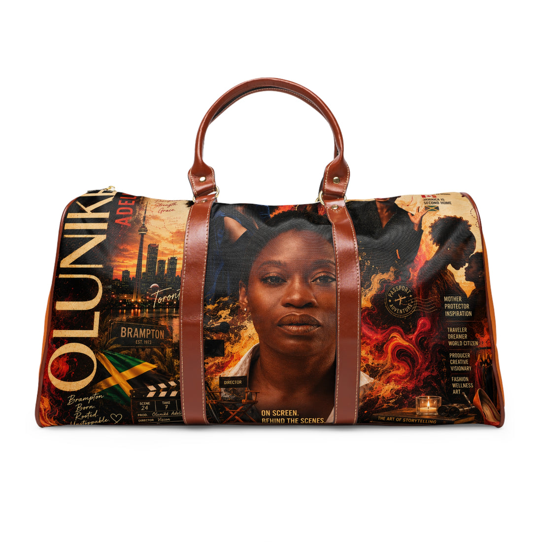 Olunike Adeliyi Waterproof Travel Bag — Afrocentric Collage Weekender Duffel