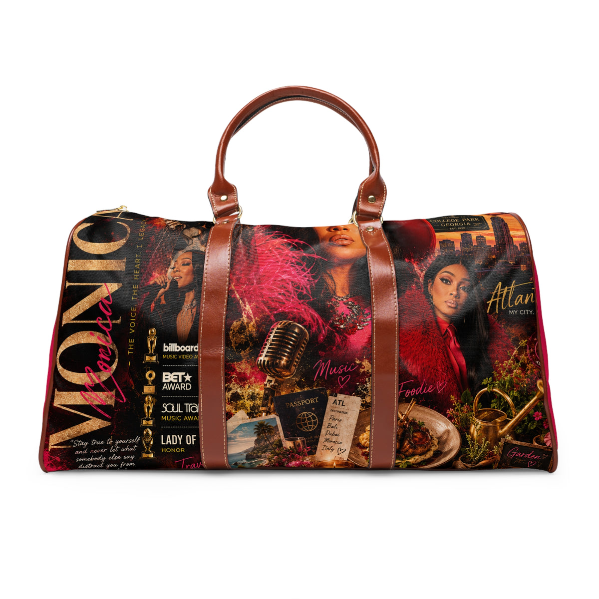R&B Singer Monica Waterproof Travel Bag – Vintage Glam Collage Duffle (Atlanta & Music Theme)