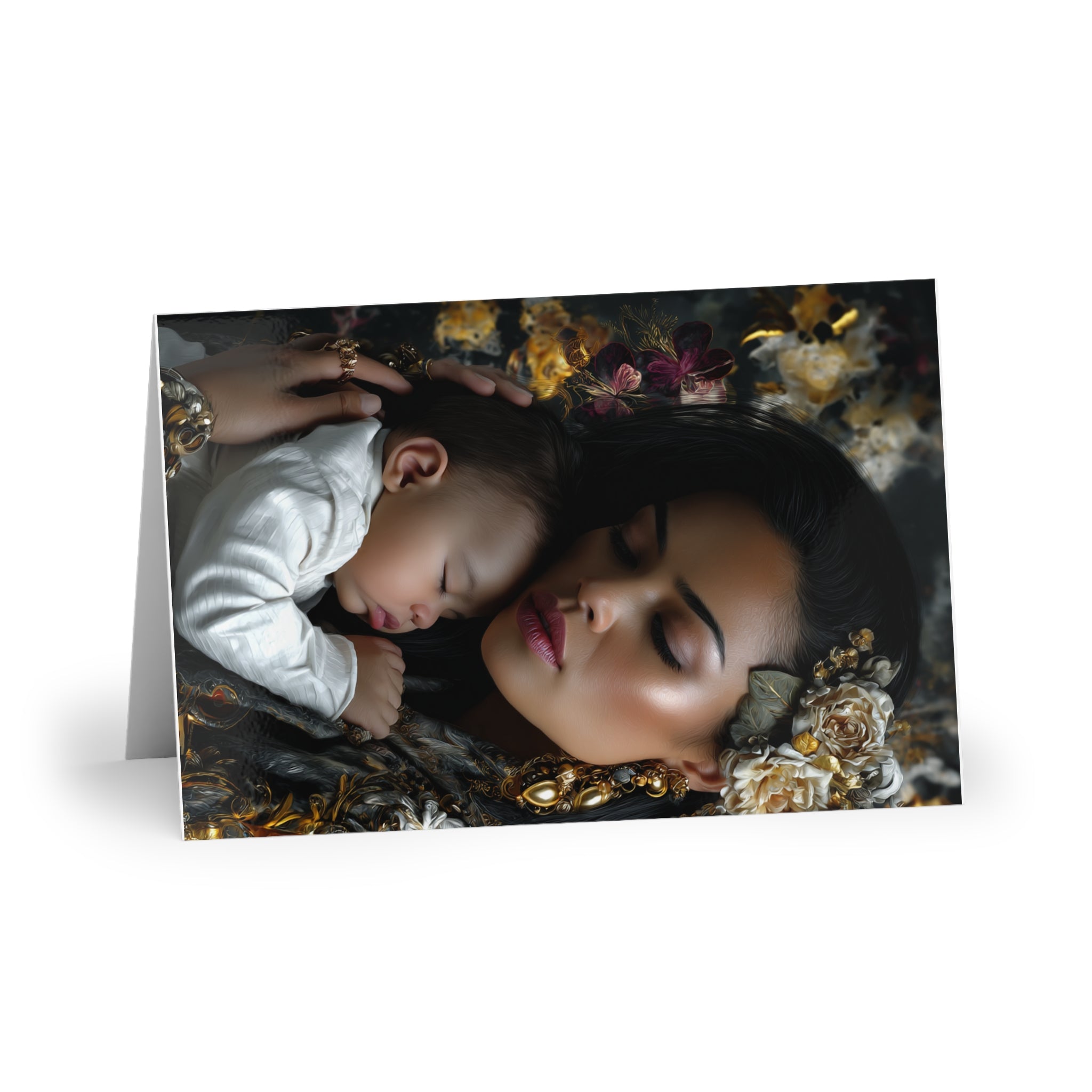 Greeting Card — Mother and Sleeping Baby Floral Portrait (New Baby, Mother’s Day)