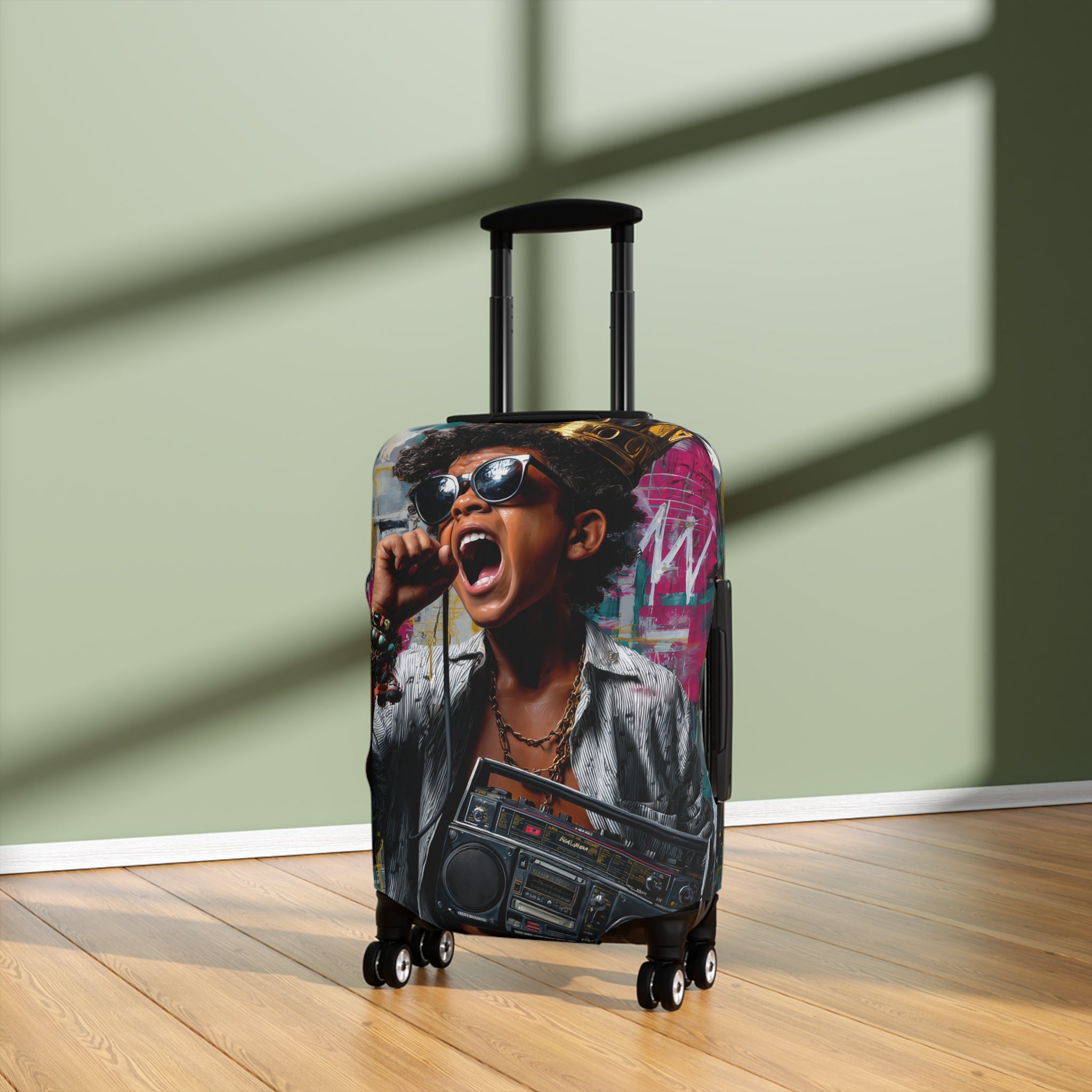 Retro Street Music Luggage Cover — Singing Teen with Boombox Travel Protector