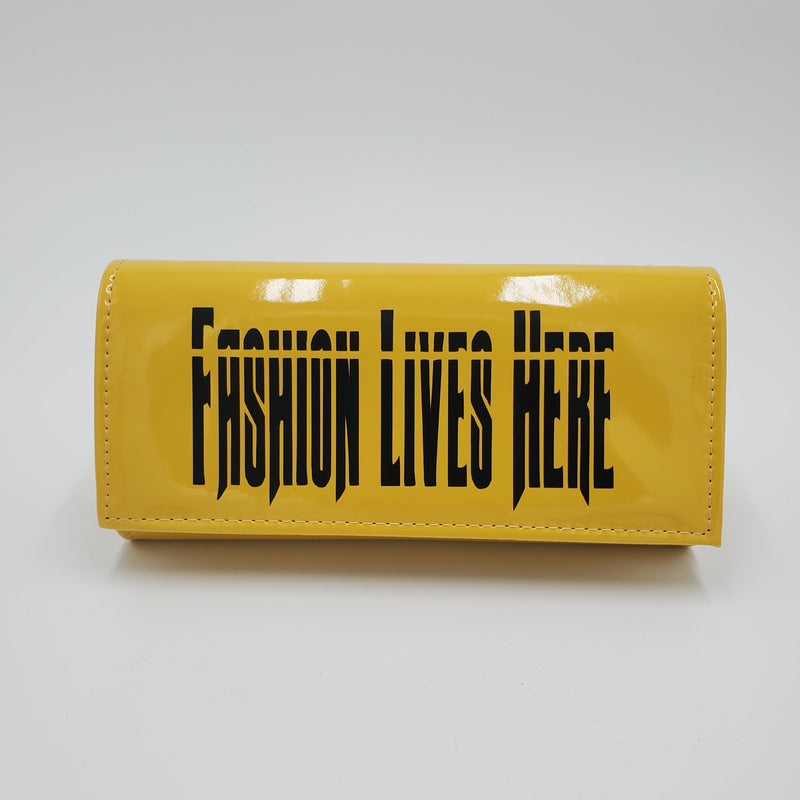 Yellow "Fashion Lives Here" PU Clutch Purse