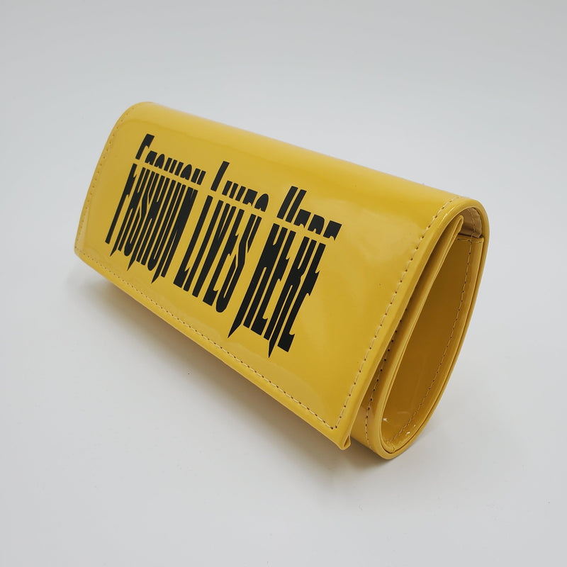 Yellow "Fashion Lives Here" PU Clutch Purse