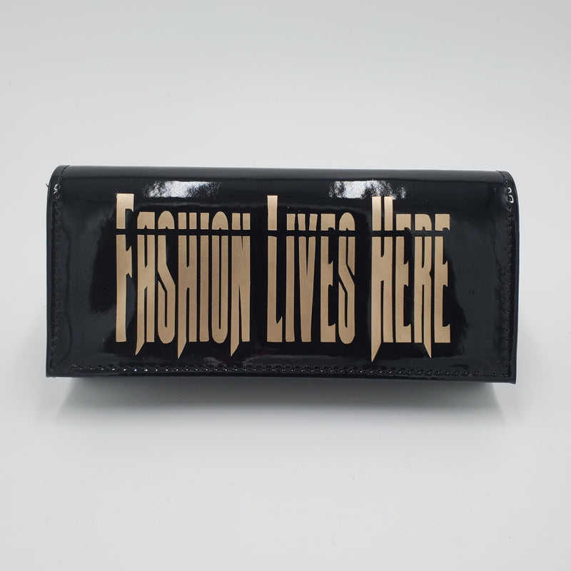 Black "Fashion Lives Here" PU Clutch Purse