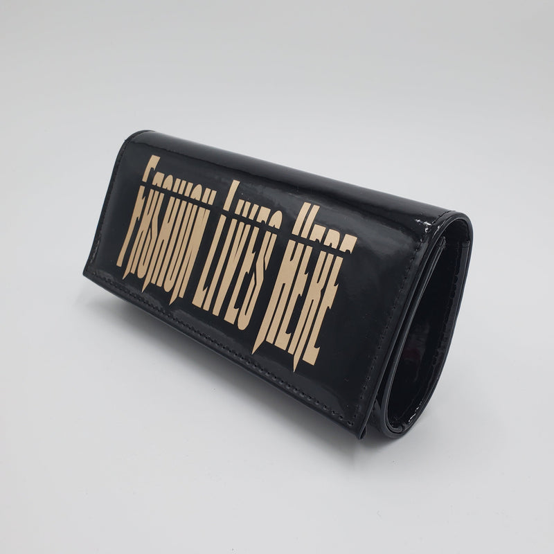 Black "Fashion Lives Here" PU Clutch Purse